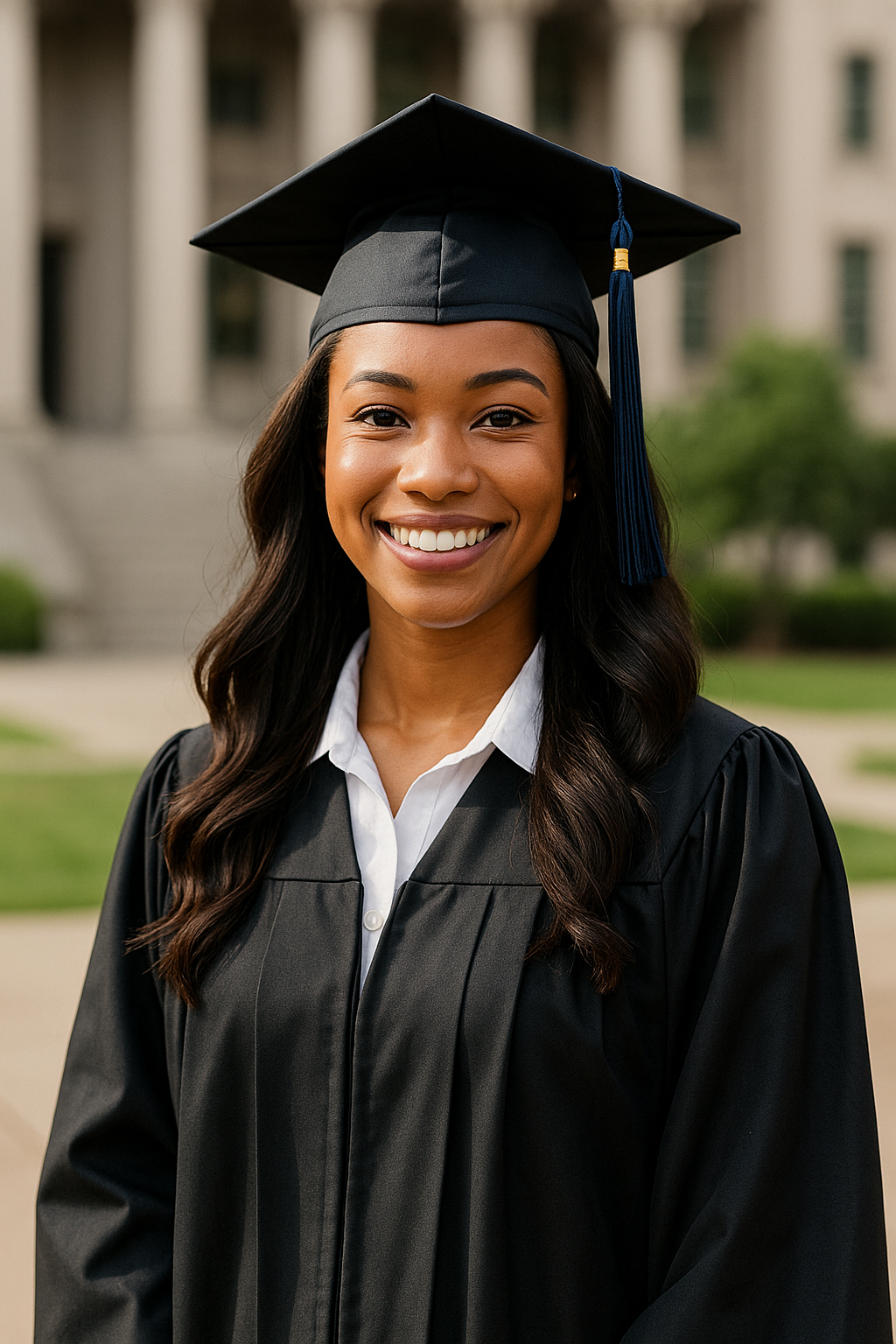 Confident college graduate in cap and gown holding a diploma on campus